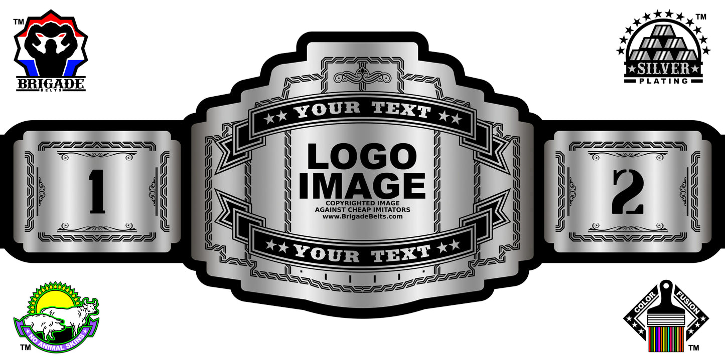Silver championship belt with customizable text and logo areas on a white background.