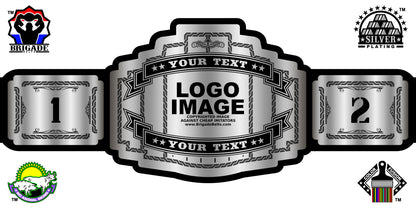 Silver championship belt with customizable text and logo areas on a white background.