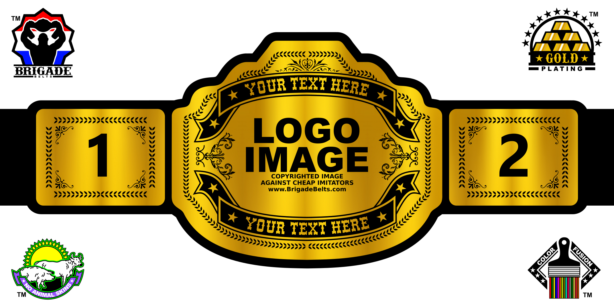 Gold championship belt with customizable text and logos on a white background