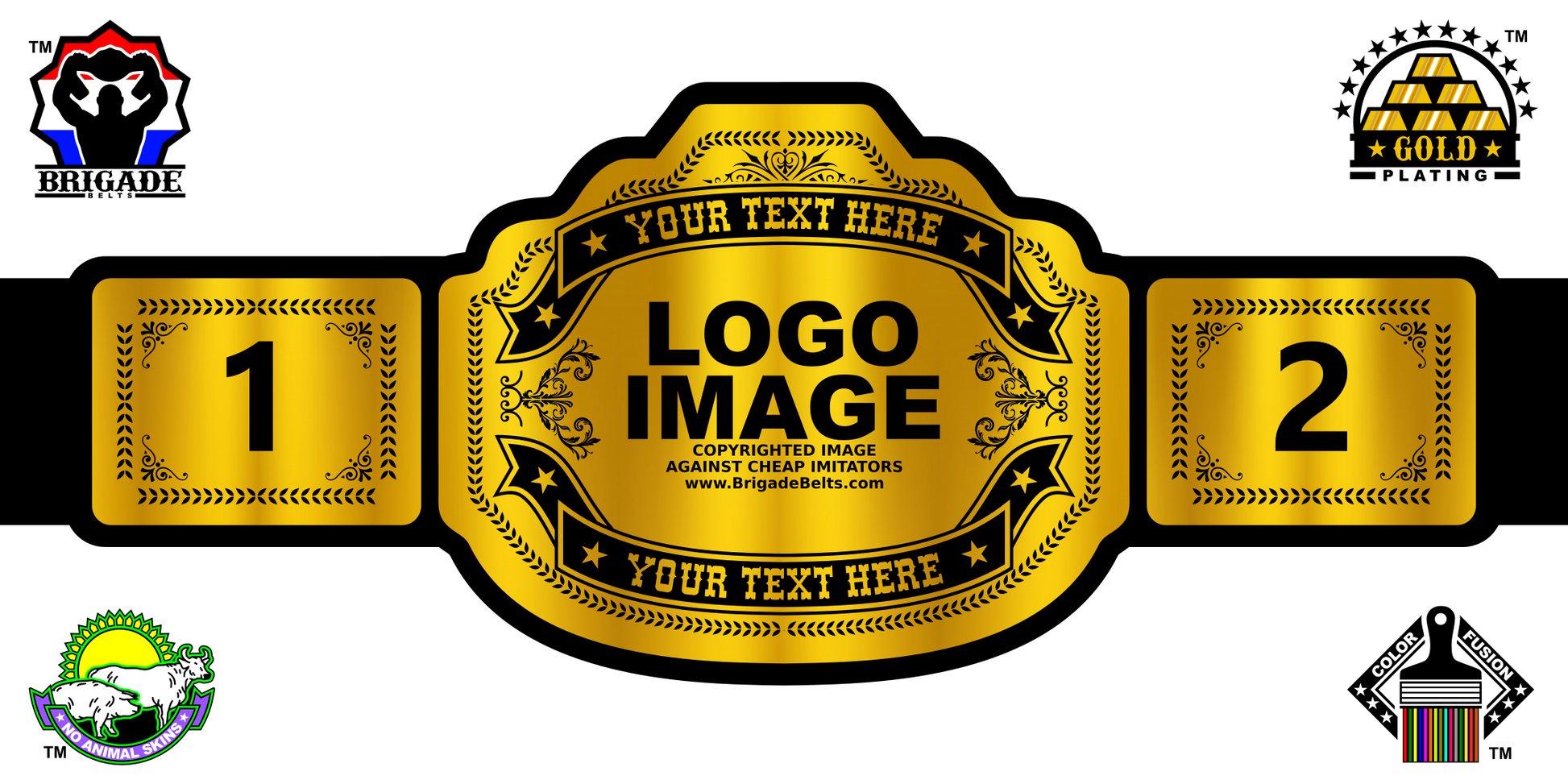 Gold championship belt with customizable text and logos on a white background