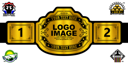 Gold championship belt with customizable text and logos on a white background