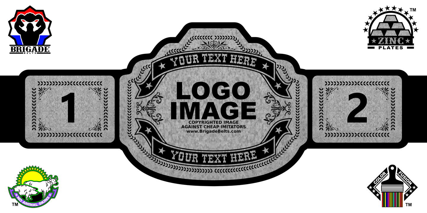 Blank championship belt template with customizable text and logos on a white background