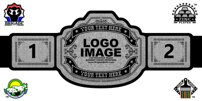 Blank championship belt template with customizable text and logos on a white background