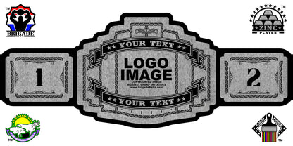 Blank championship belt template with customizable text and logos on a white background.
